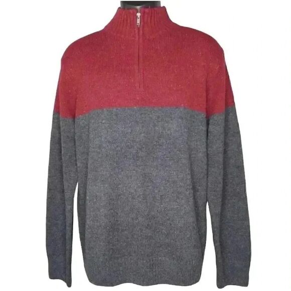 Sonoma Men's Red & Charcoal Cotton/Acrylic Color Block Knit Quarter Zip Mock Nec - Picture 1 of 11